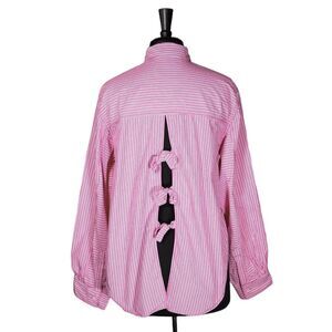 Free People Women's Shirt Button Up Pink White Striped Oversized Slit Bow Top XS